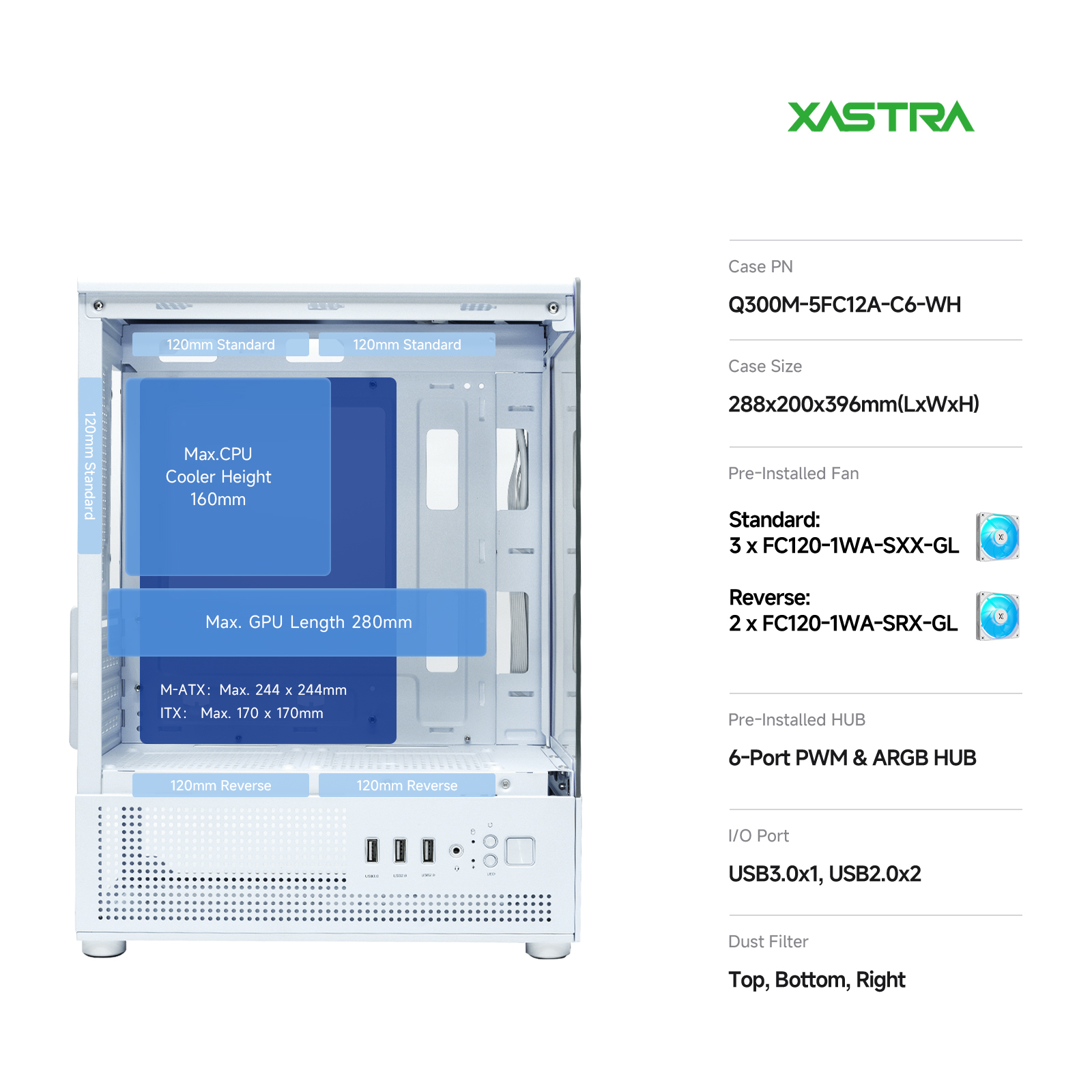Корпус XASTRA Q300M 5ARGB-C6 White (Q300M-5FC12A-C6-WH), без БП, mATX
