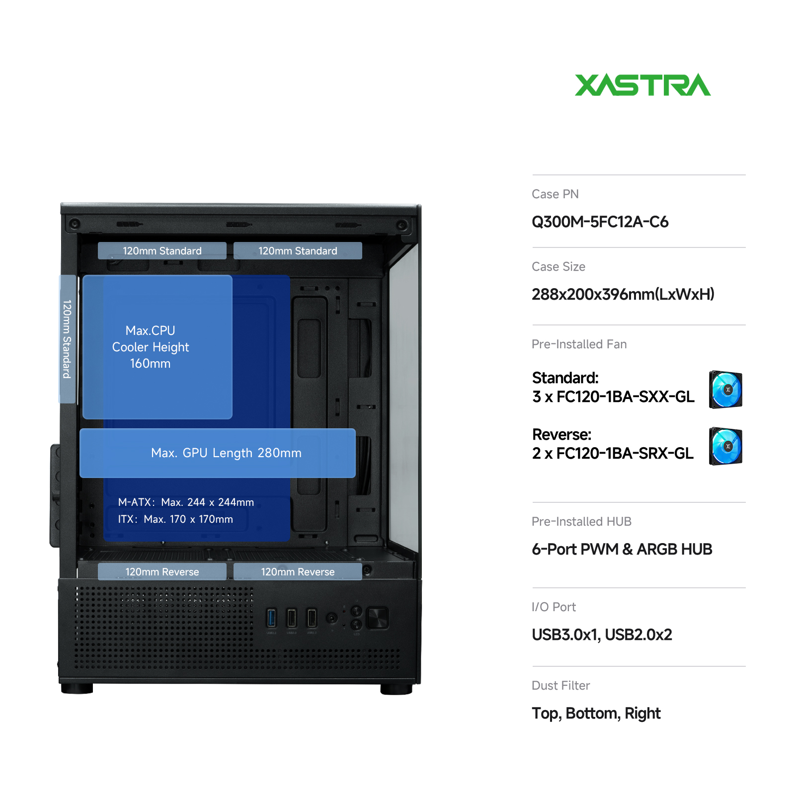 Корпус XASTRA Q300M 5ARGB-C6 Black (Q300M-5FC12A-C6), без БП, mATX