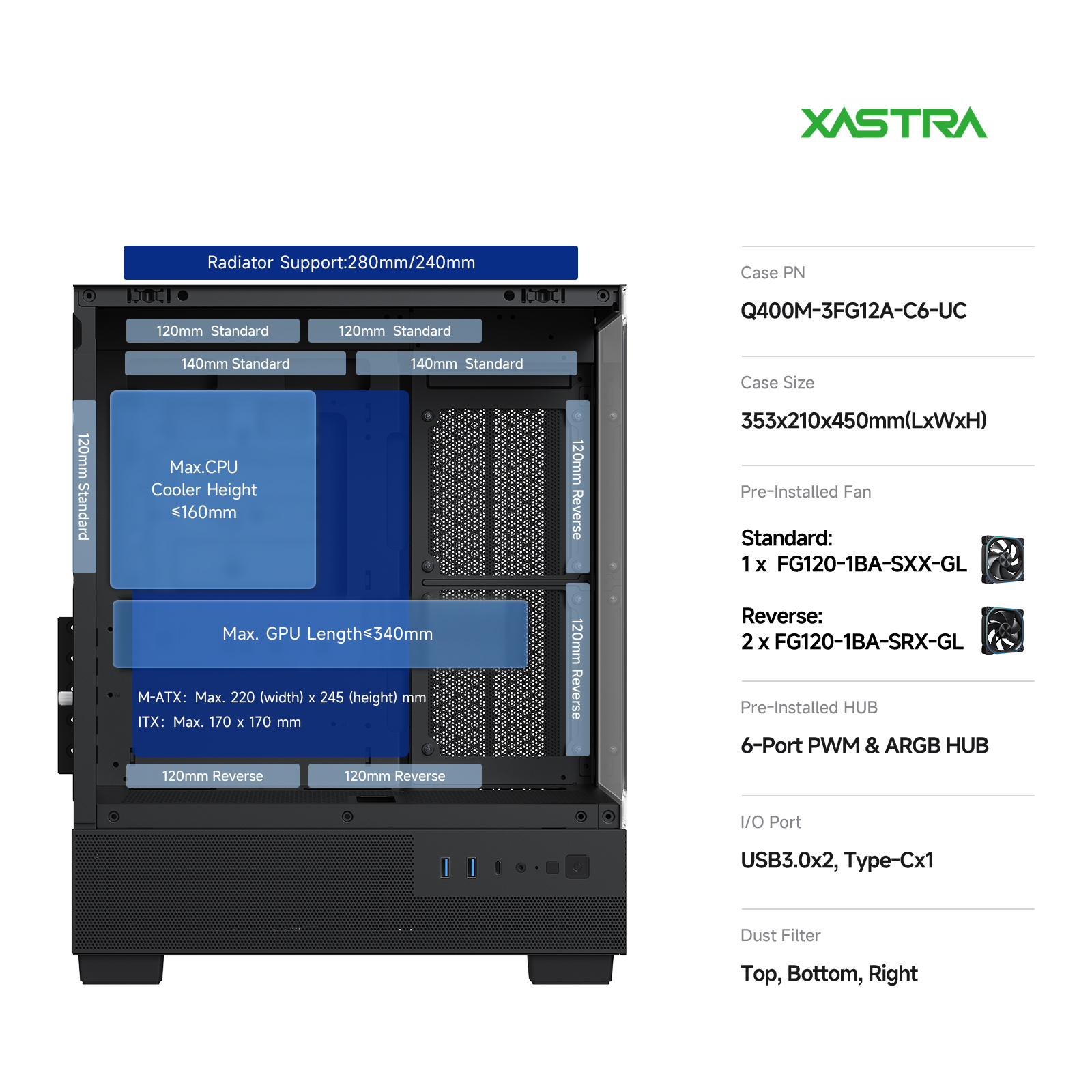 Корпус XASTRA Q400M 3ARGB-FG-C6-UC Black (Q400M-3FG12A-C6-UC), без БП, mATX