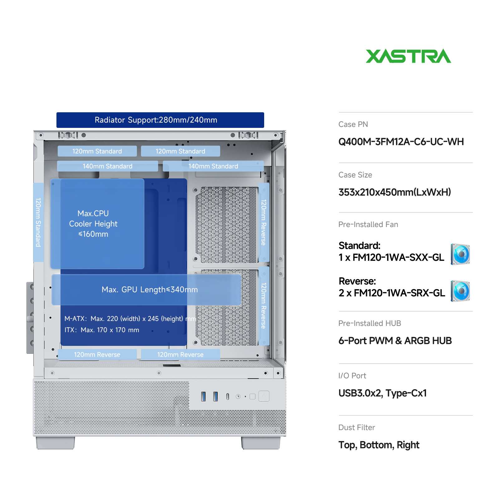 Корпус XASTRA Q400M 3ARGB-C6-UC White (Q400M-3FM12A-C6-UC-WH), без БП, mATX