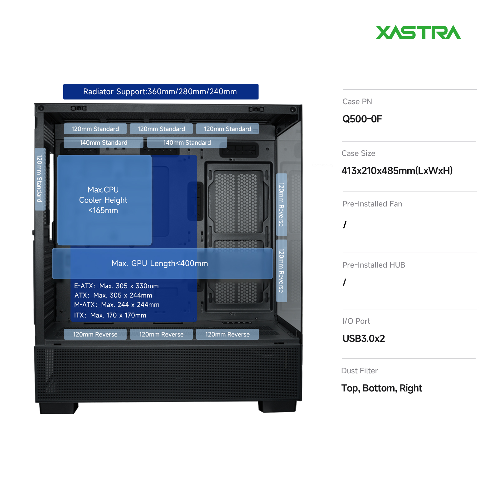 Корпус XASTRA Q500 Black (Q500-0F), без БП, E-ATX