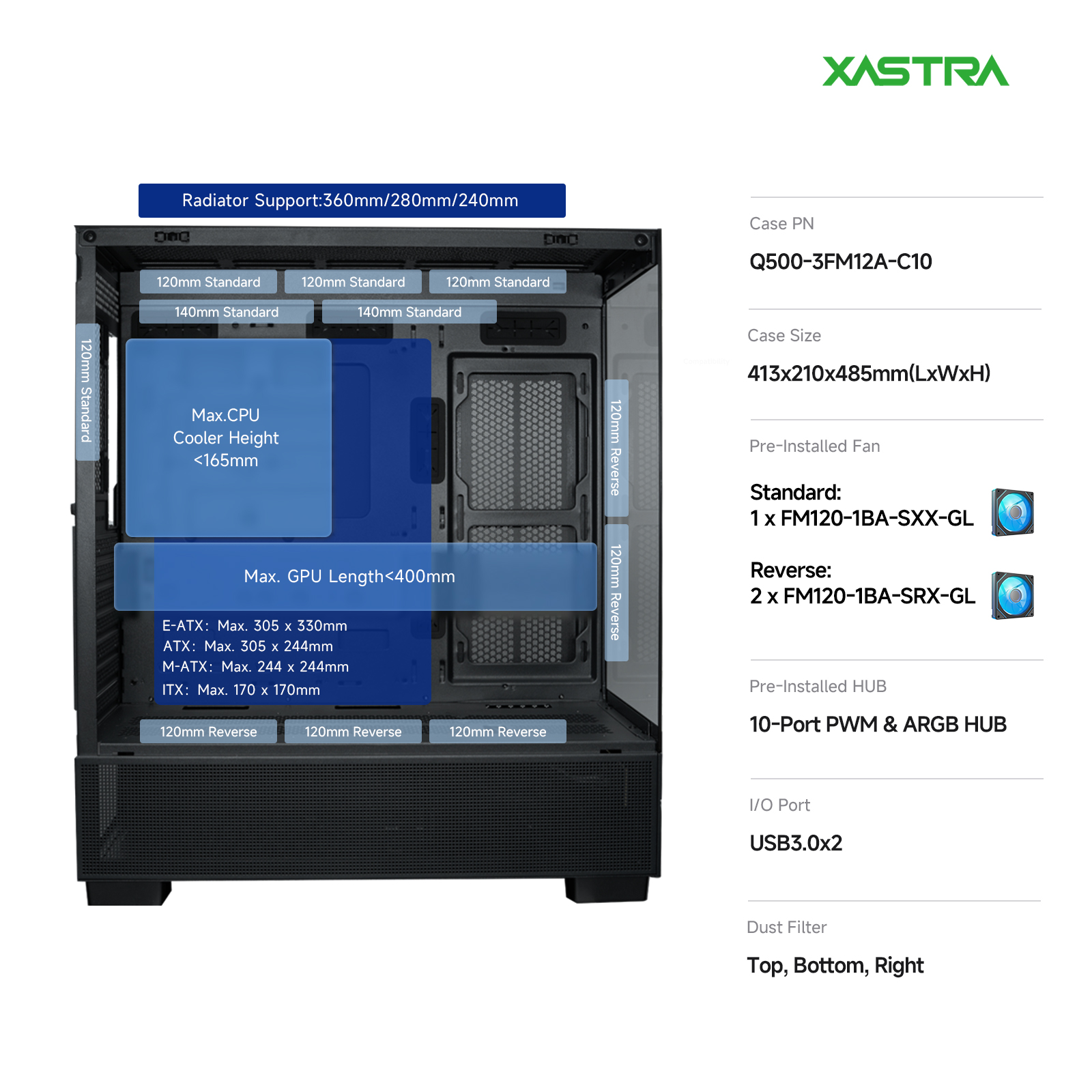 Корпус XASTRA Q500 3ARGB Black (Q500-3FM12A-C10), без БП, E-ATX