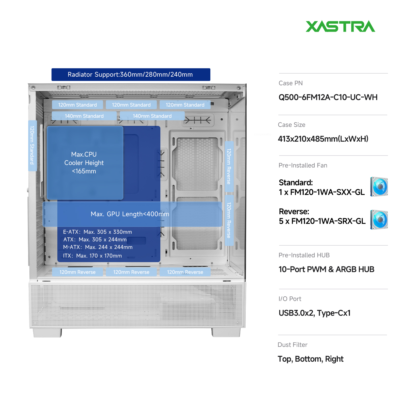 Корпус XASTRA Q500 6ARGB White (Q500-6FM12A-C10-UC-WH), без БП, E-ATX