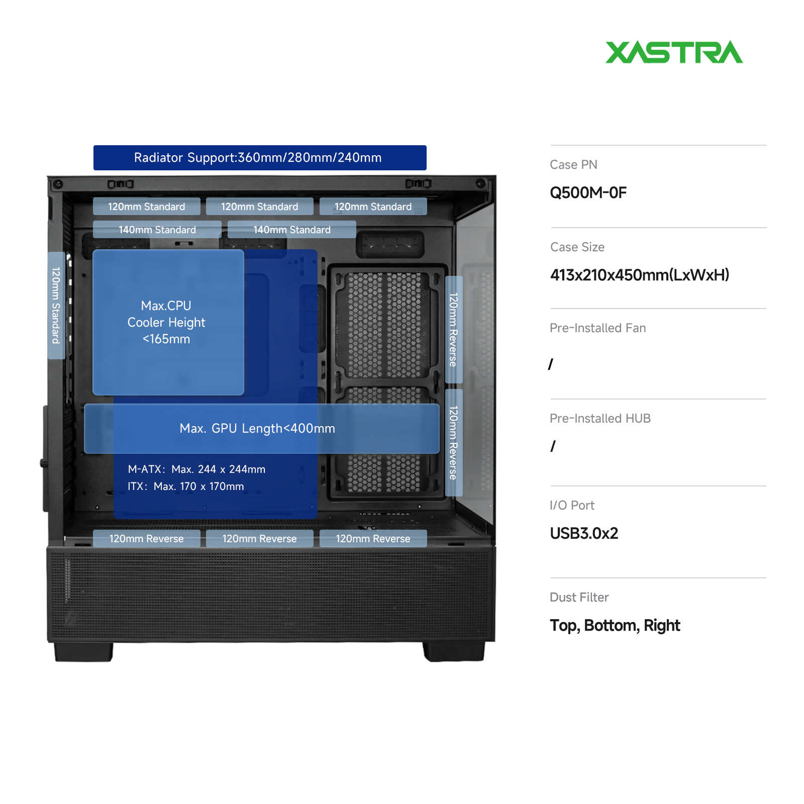 Корпус XASTRA Q500M Black (Q500M-0F), без БП, mATX