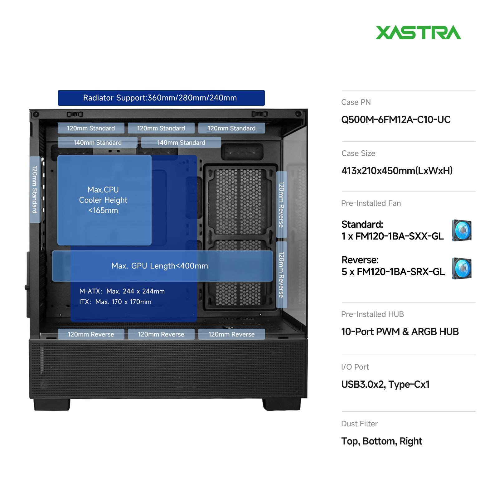 Корпус XASTRA Q500M 6ARGB Black (Q500M-6FM12A-C10-UC), без БП, mATX