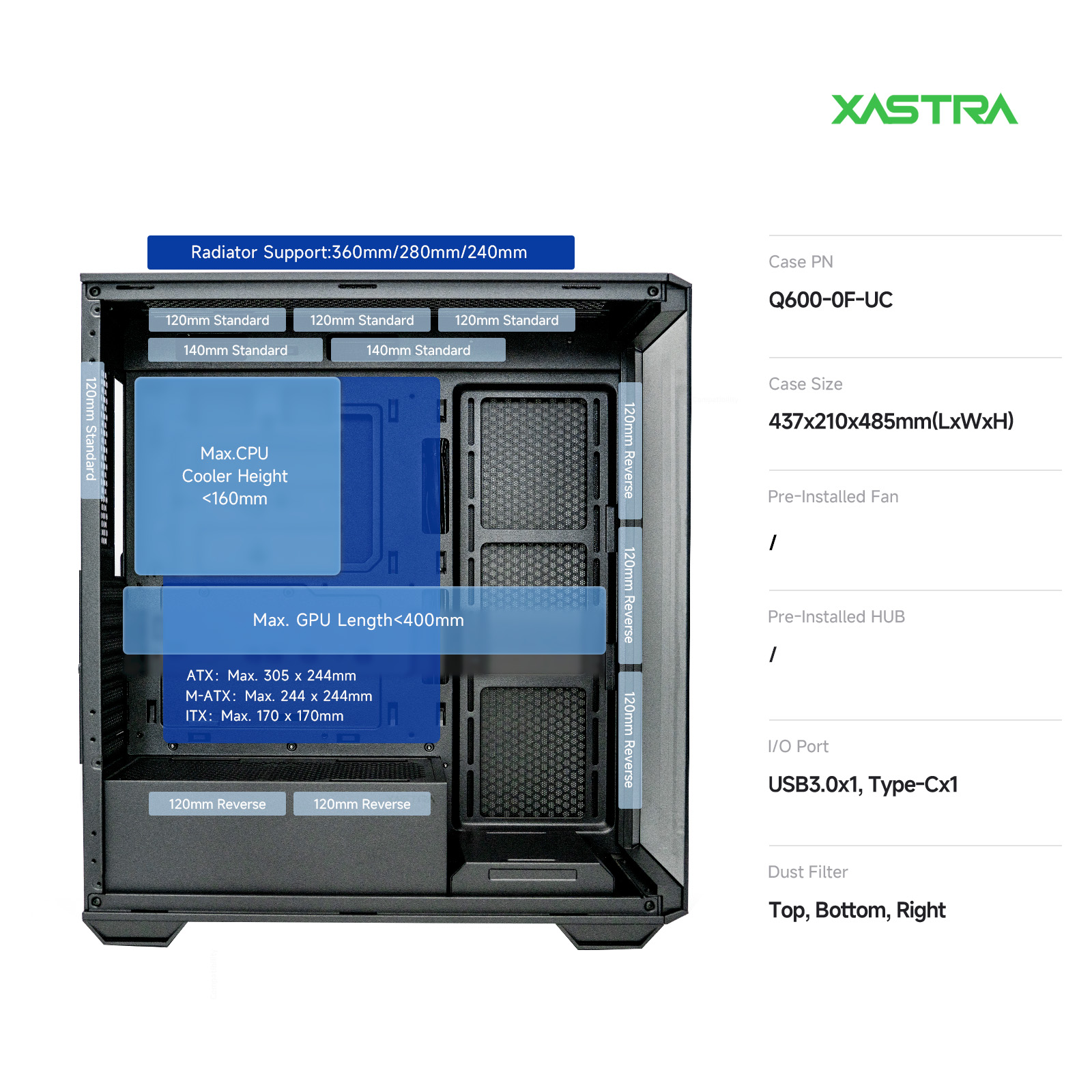 Корпус XASTRA Q600 Black (Q600-0F-UC), без БП, ATX