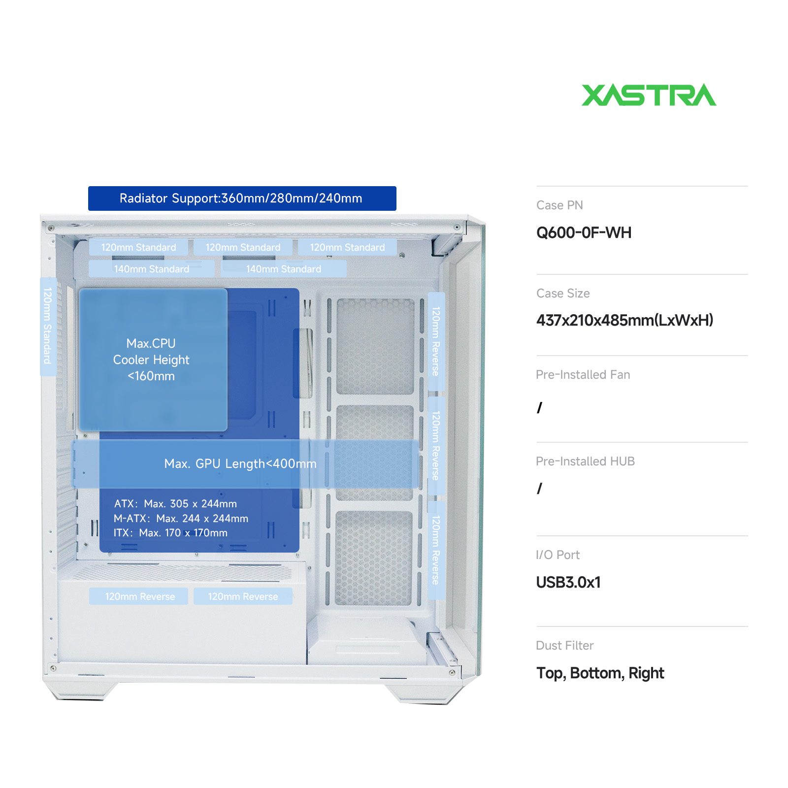 Корпус XASTRA Q600 White (Q600-0F-WH), без БП, ATX