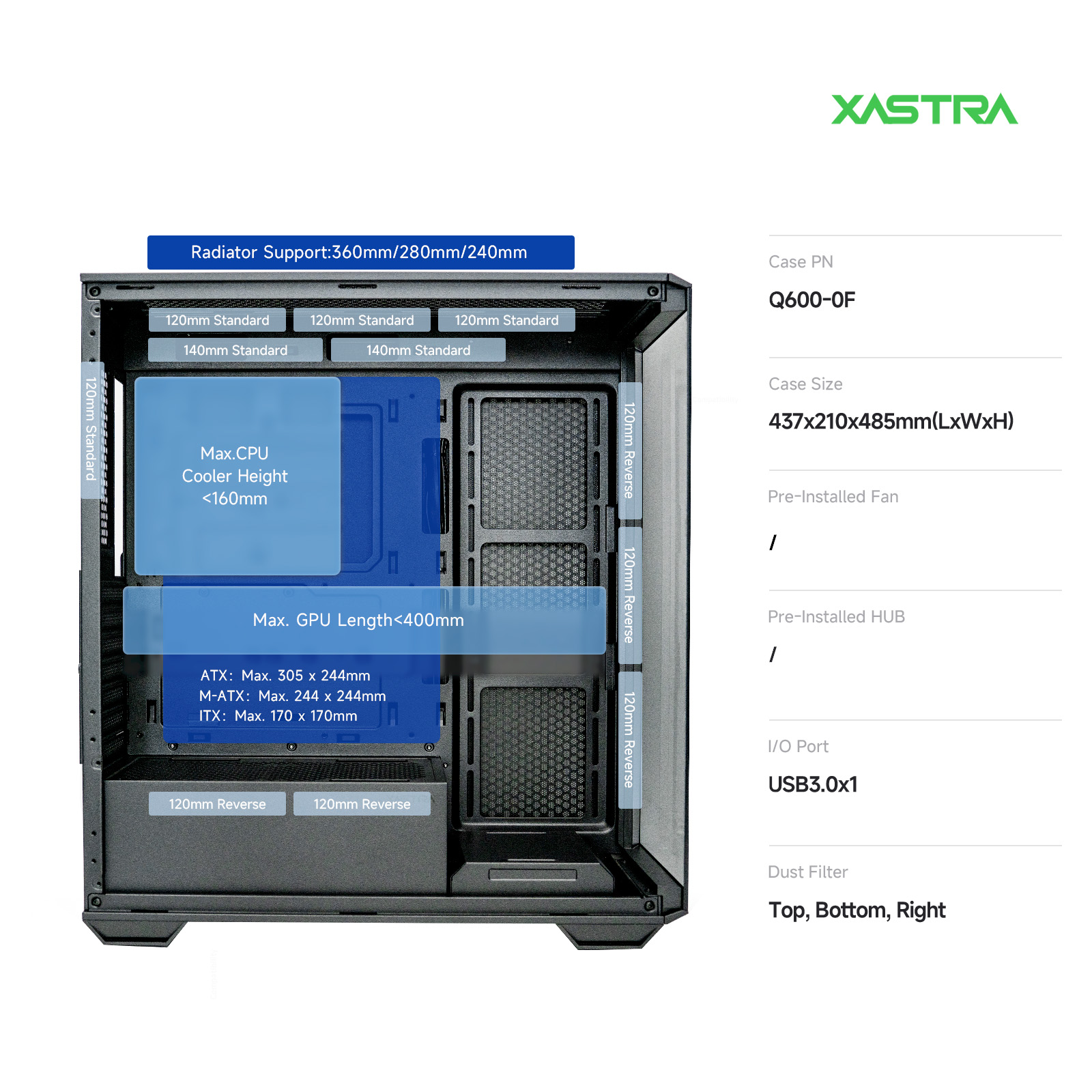 Корпус XASTRA Q600 Black (Q600-0F), без БП, ATX