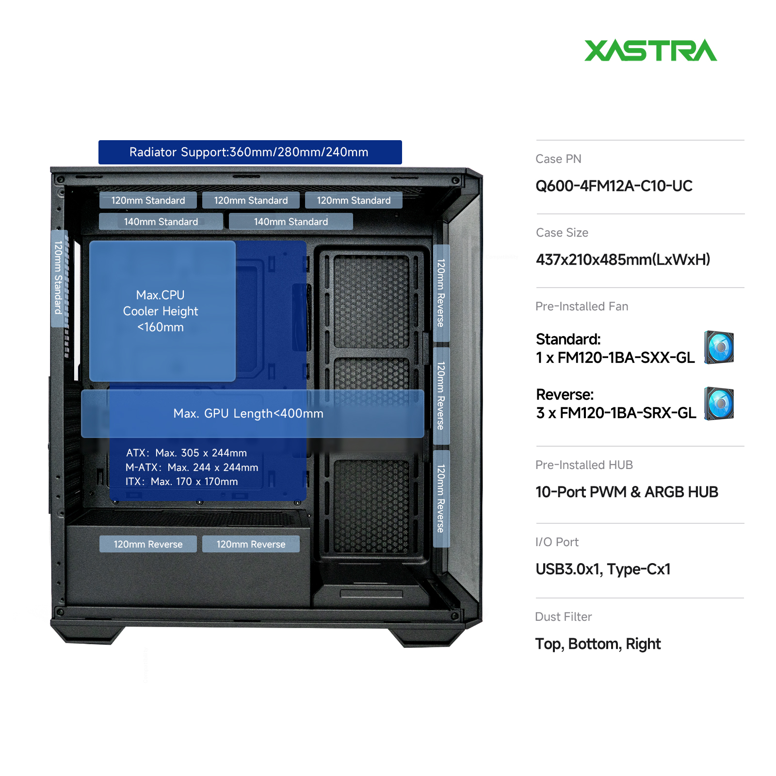 Корпус XASTRA Q600 4ARGB-C10-UC Black (Q600-4FM12A-C10-UC), без БП, ATX