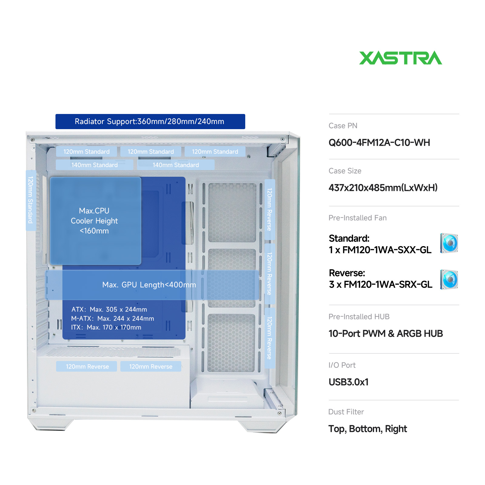 Корпус XASTRA Q600 4FRGB White (Q600-4FM12A-C10-WH), без БП, ATX