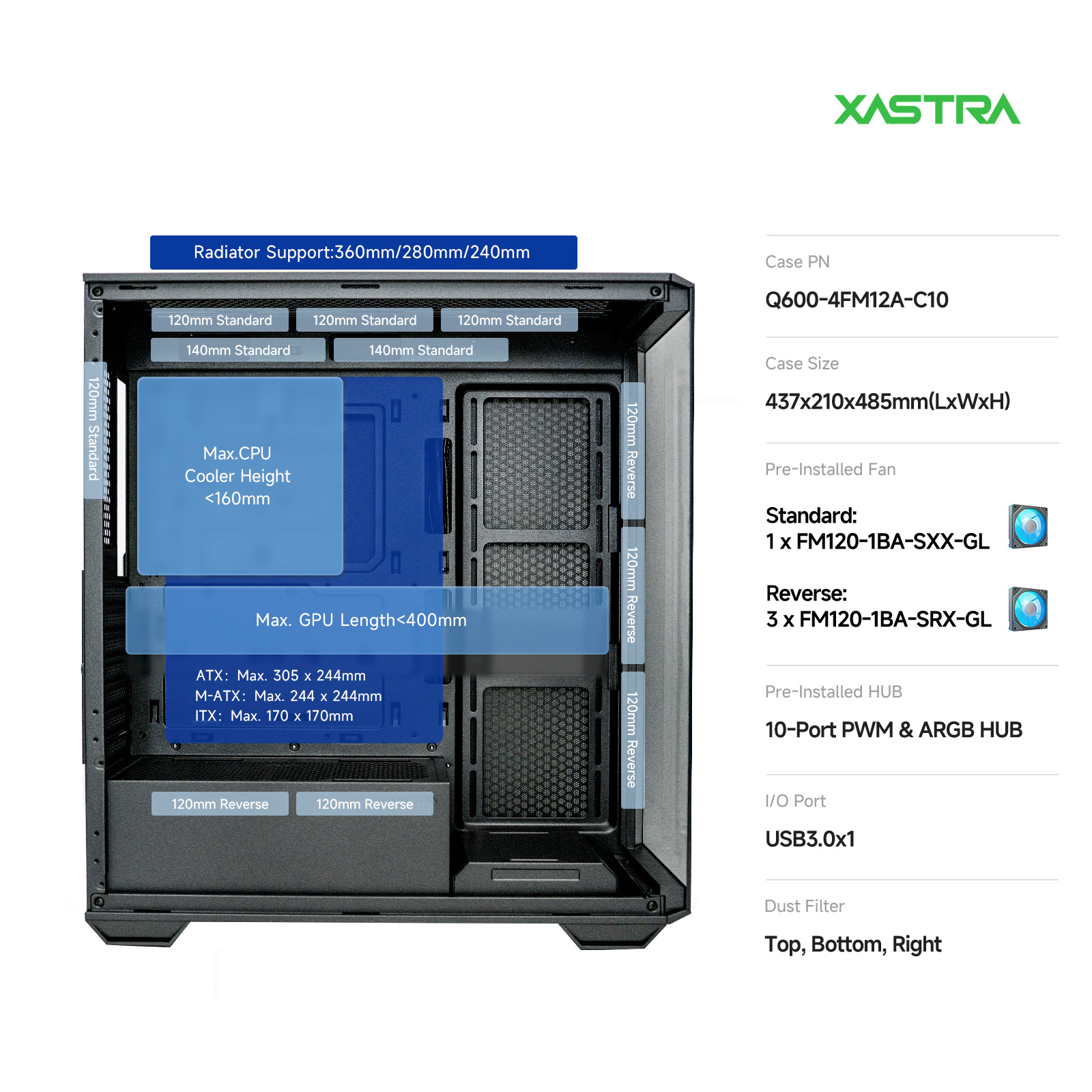 Корпус XASTRA Q600 4FRGB Black (Q600-4FM12A-C10), без БП, ATX