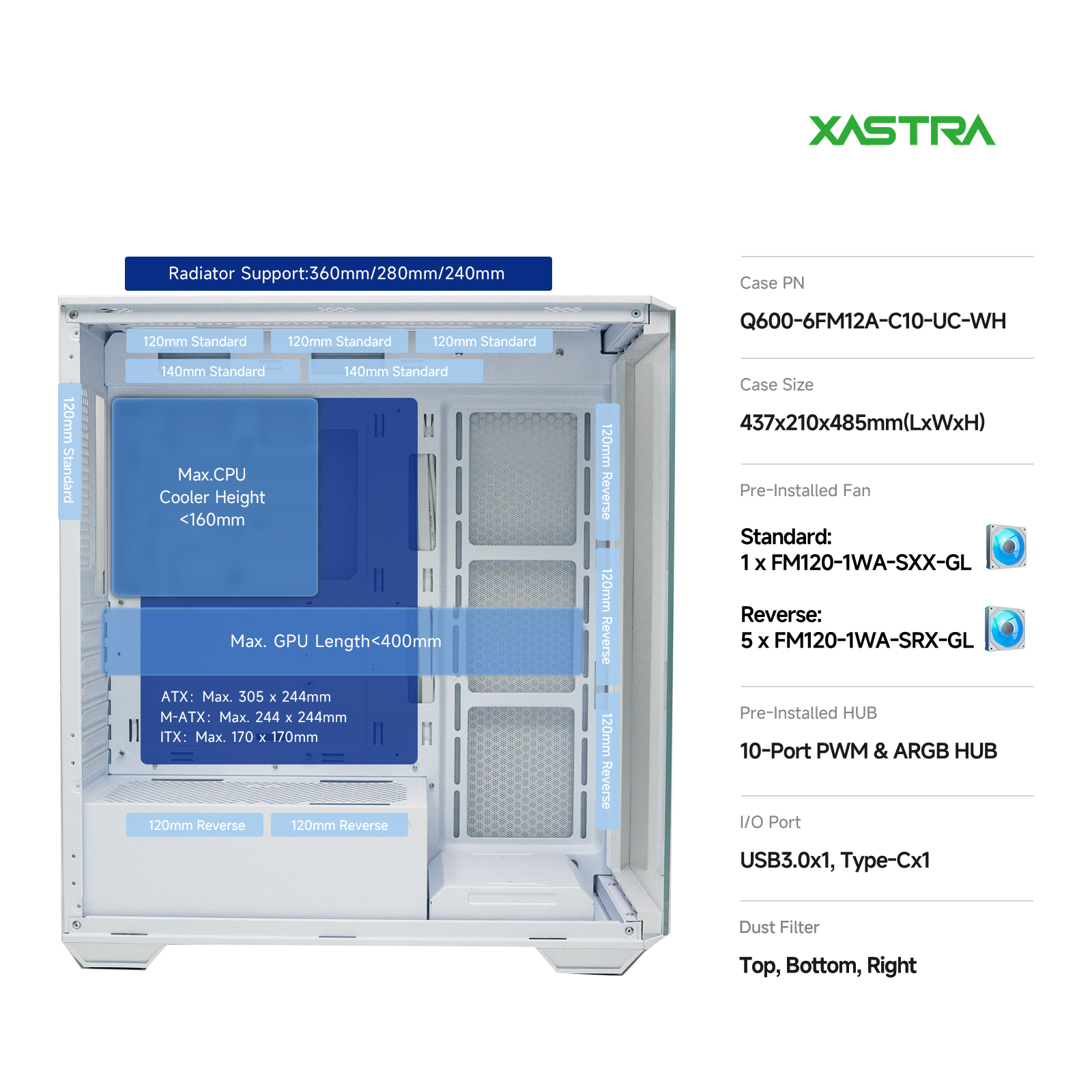 Корпус XASTRA Q600 6ARGB-C10-UC White (Q600-6FM12A-C10-UC-WH), без БП, ATX