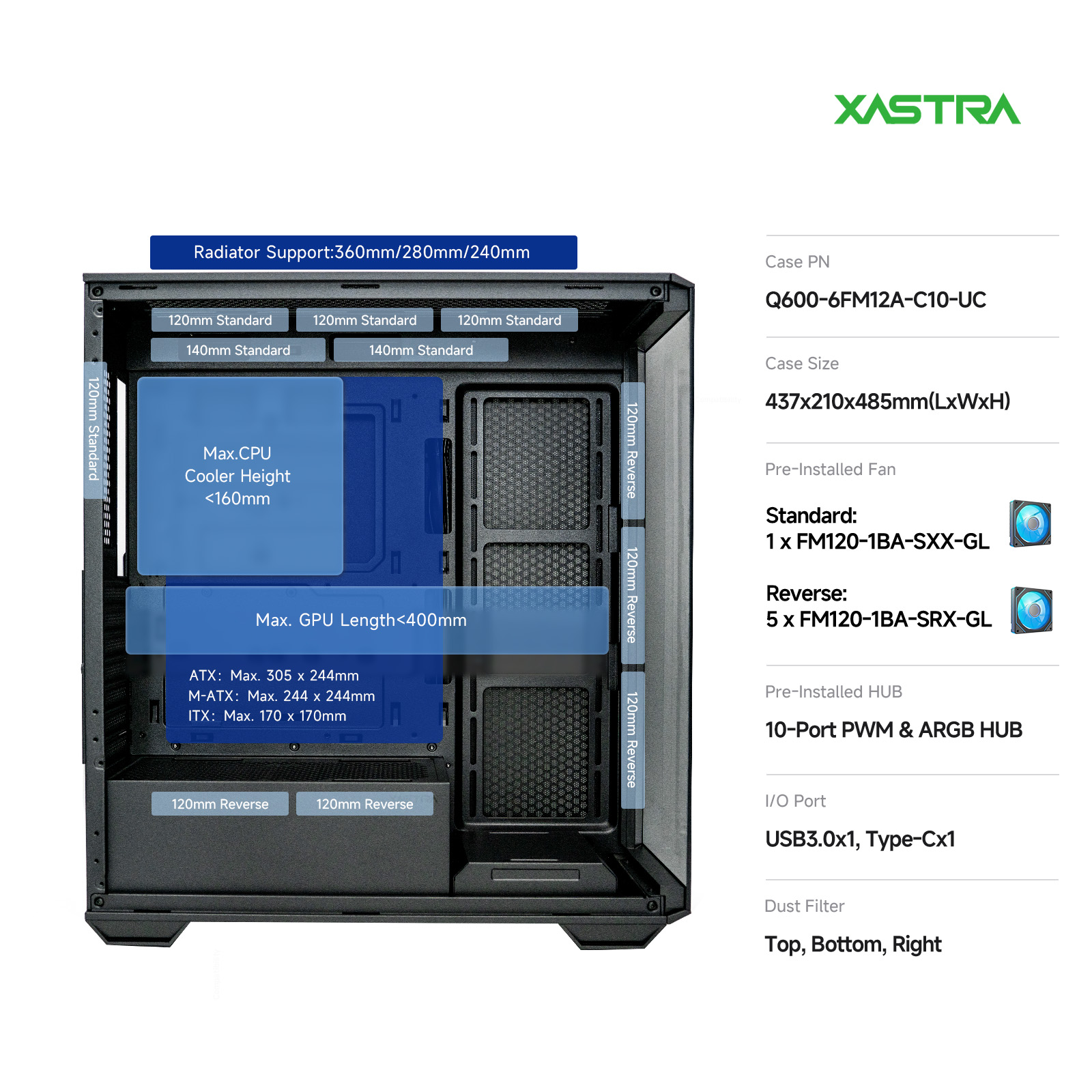 Корпус XASTRA Q600 6ARGB-C10-UC Black (Q600-6FM12A-C10-UC), без БП, ATX
