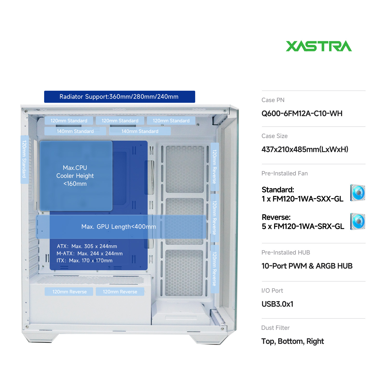 Корпус XASTRA Q600 6FRGB White (Q600-6FM12A-C10-WH), без БП, ATX