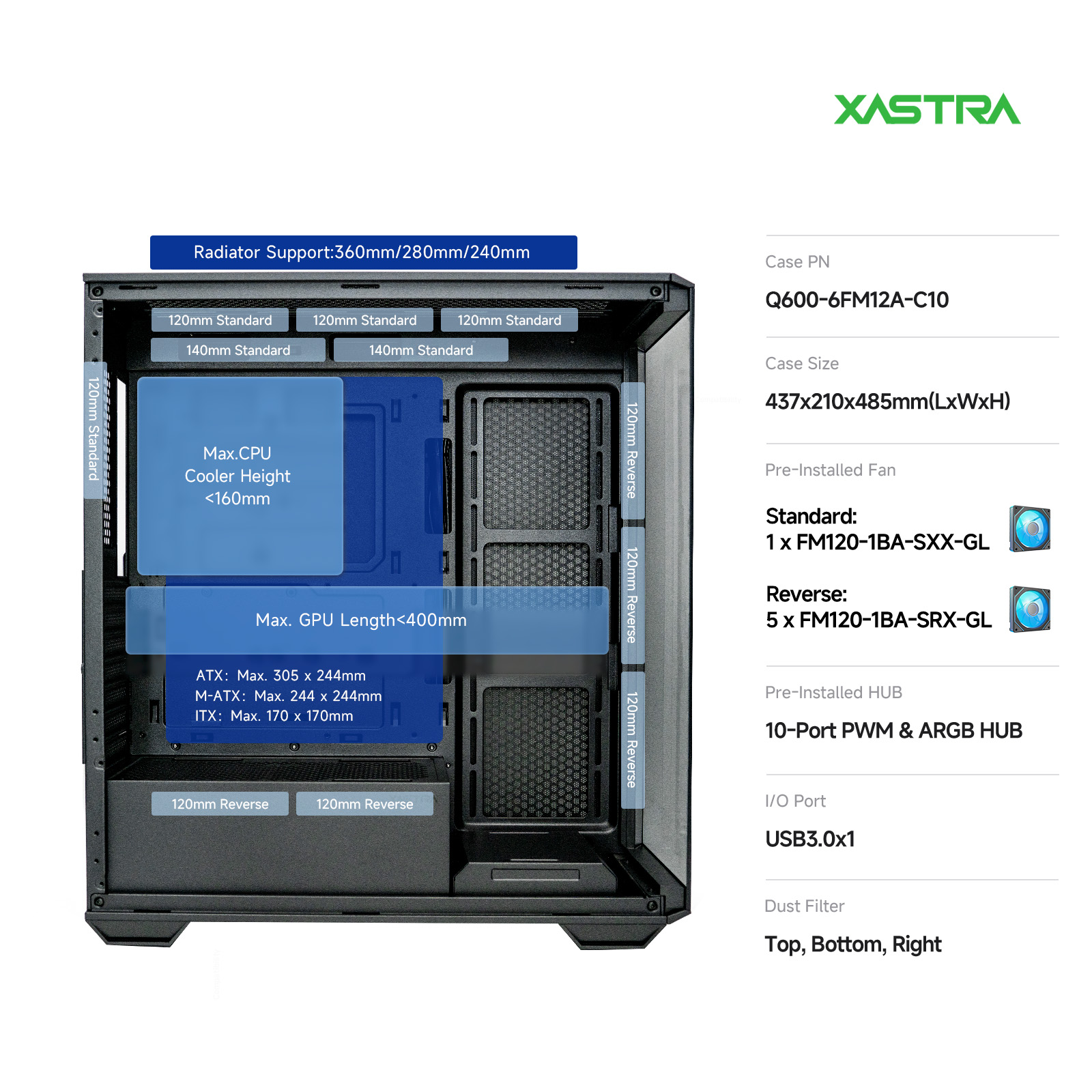Корпус XASTRA Q600 6FRGB Black (Q600-6FM12A-C10), без БП, ATX