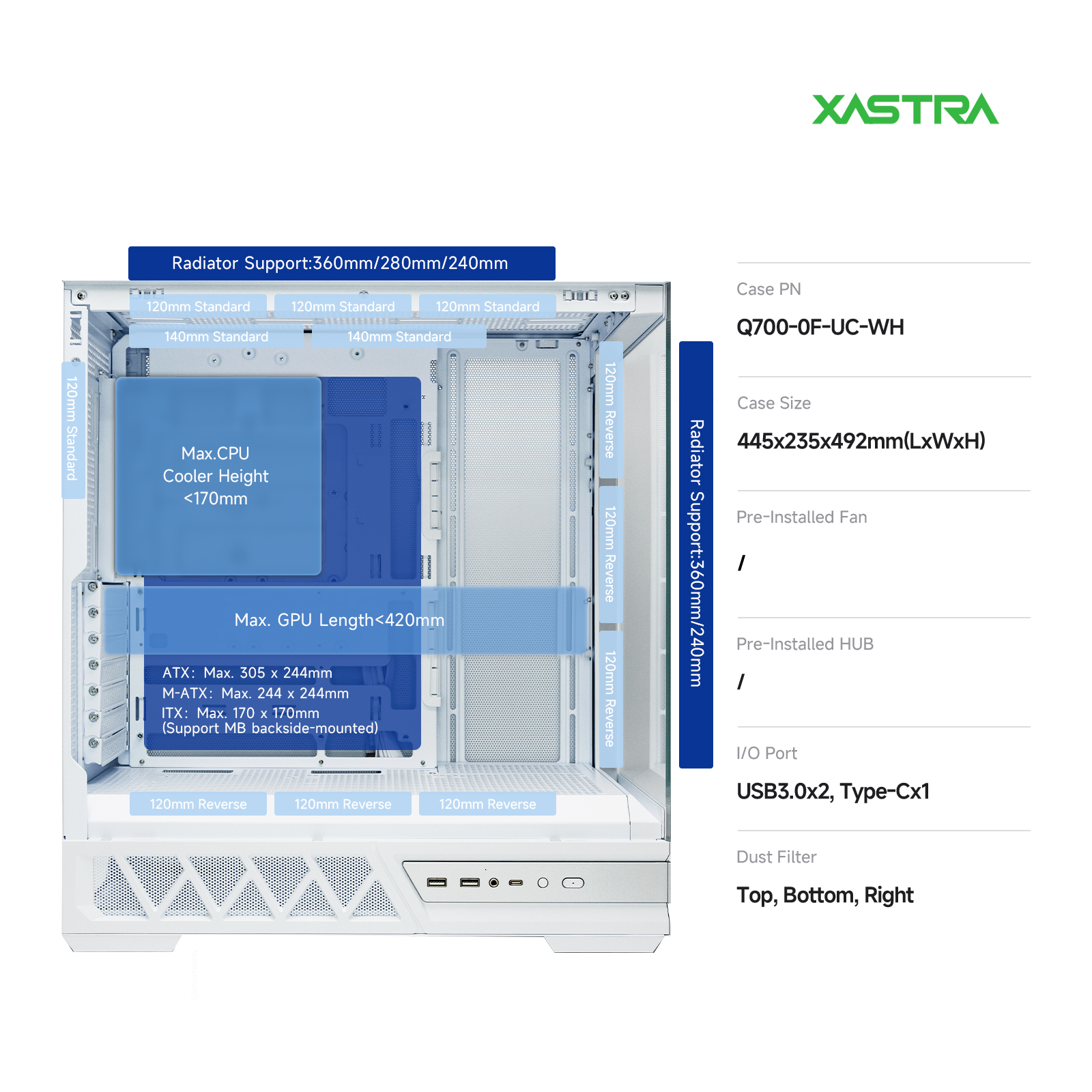Корпус XASTRA Q700 White (Q700-0F-UC-WH), без БП, ATX