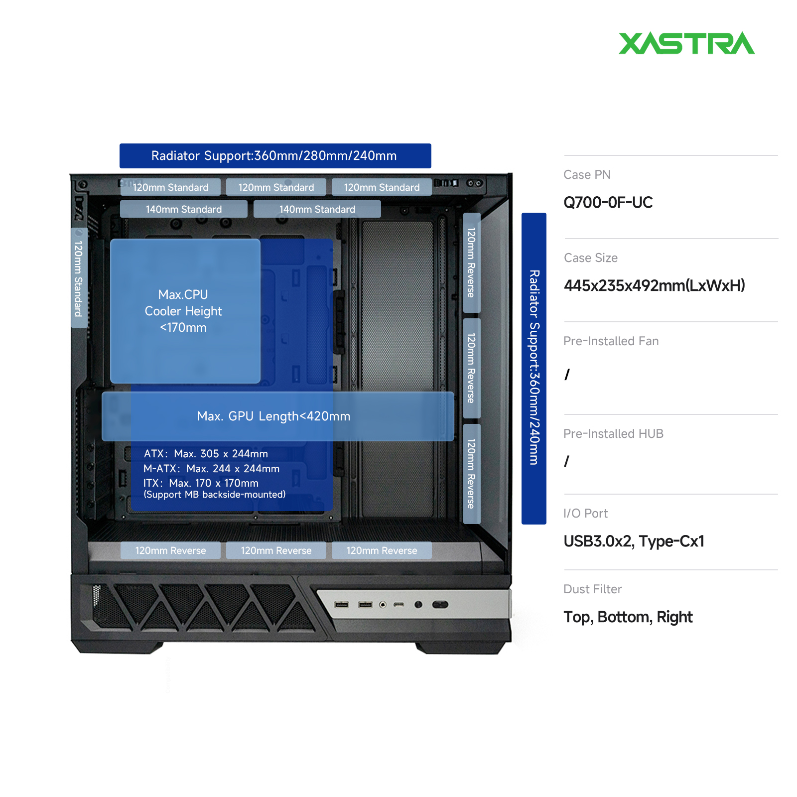 Корпус XASTRA Q700 Black (Q700-0F-UC), без БП, ATX