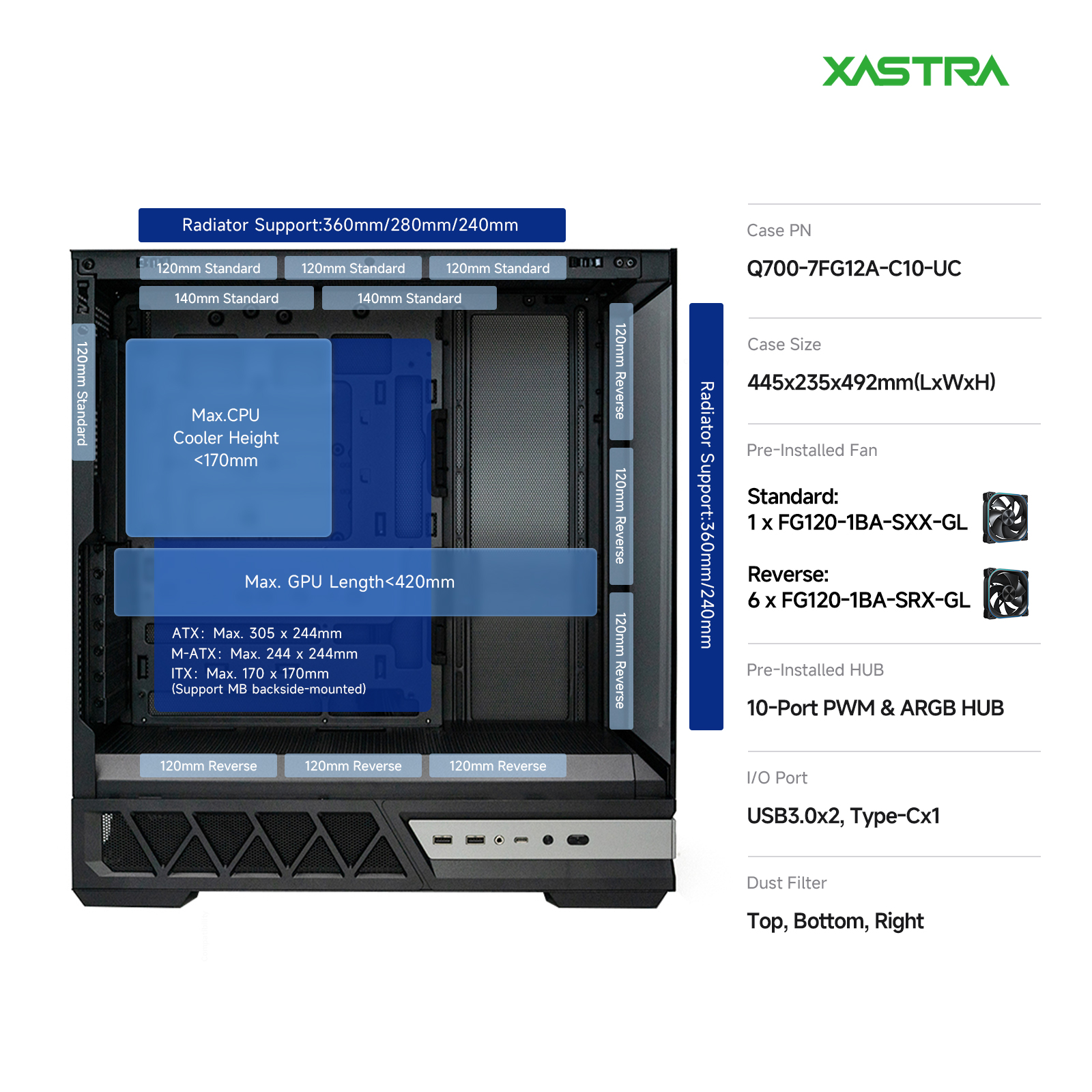 Корпус XASTRA Q700 7ARGB-FG-C10-UC Black (Q700-7FG12A-C10-UC), без БП, ATX