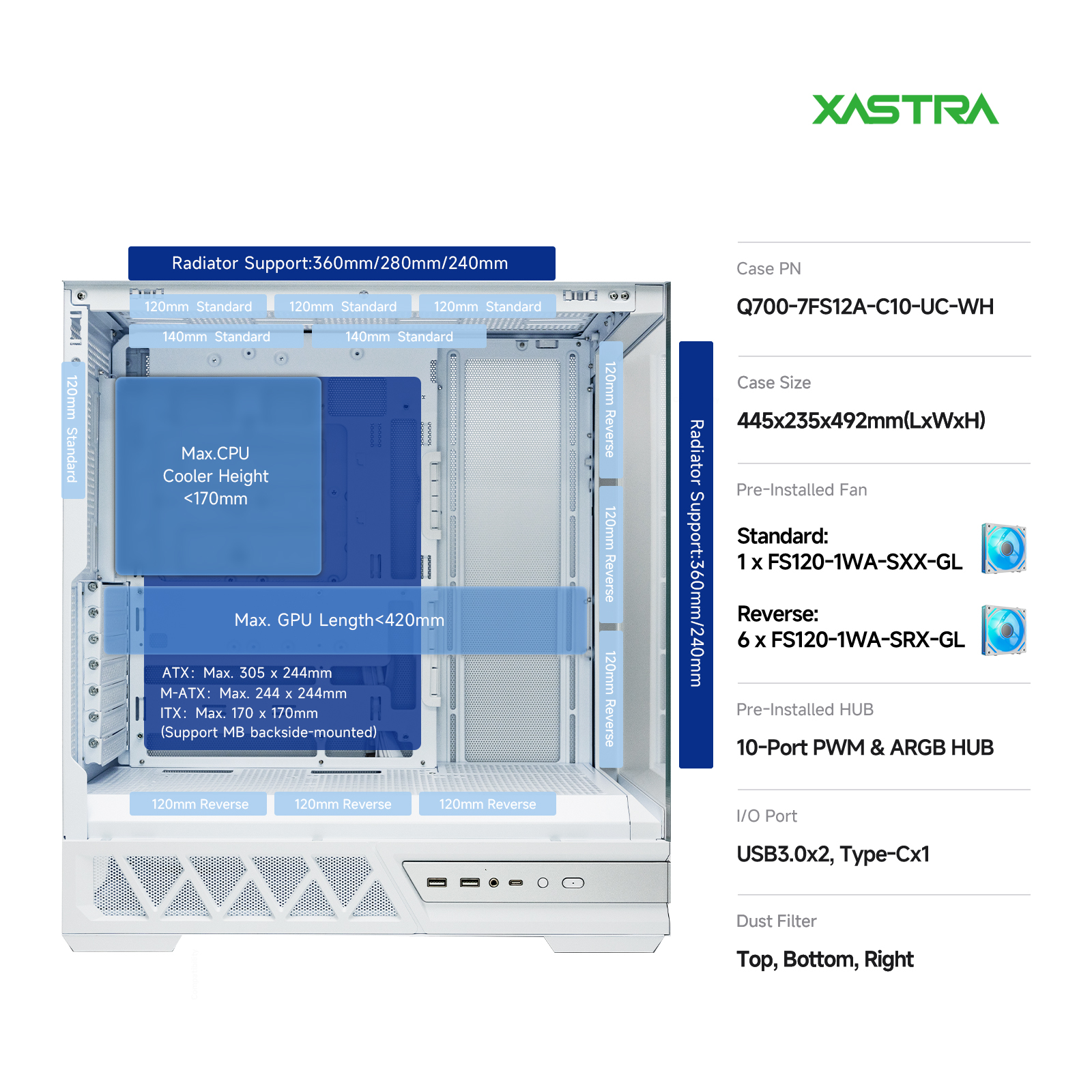 Корпус XASTRA Q700 7ARGB-FS-C10-UC White (Q700-7FS12A-C10-UC-WH), без БП, ATX