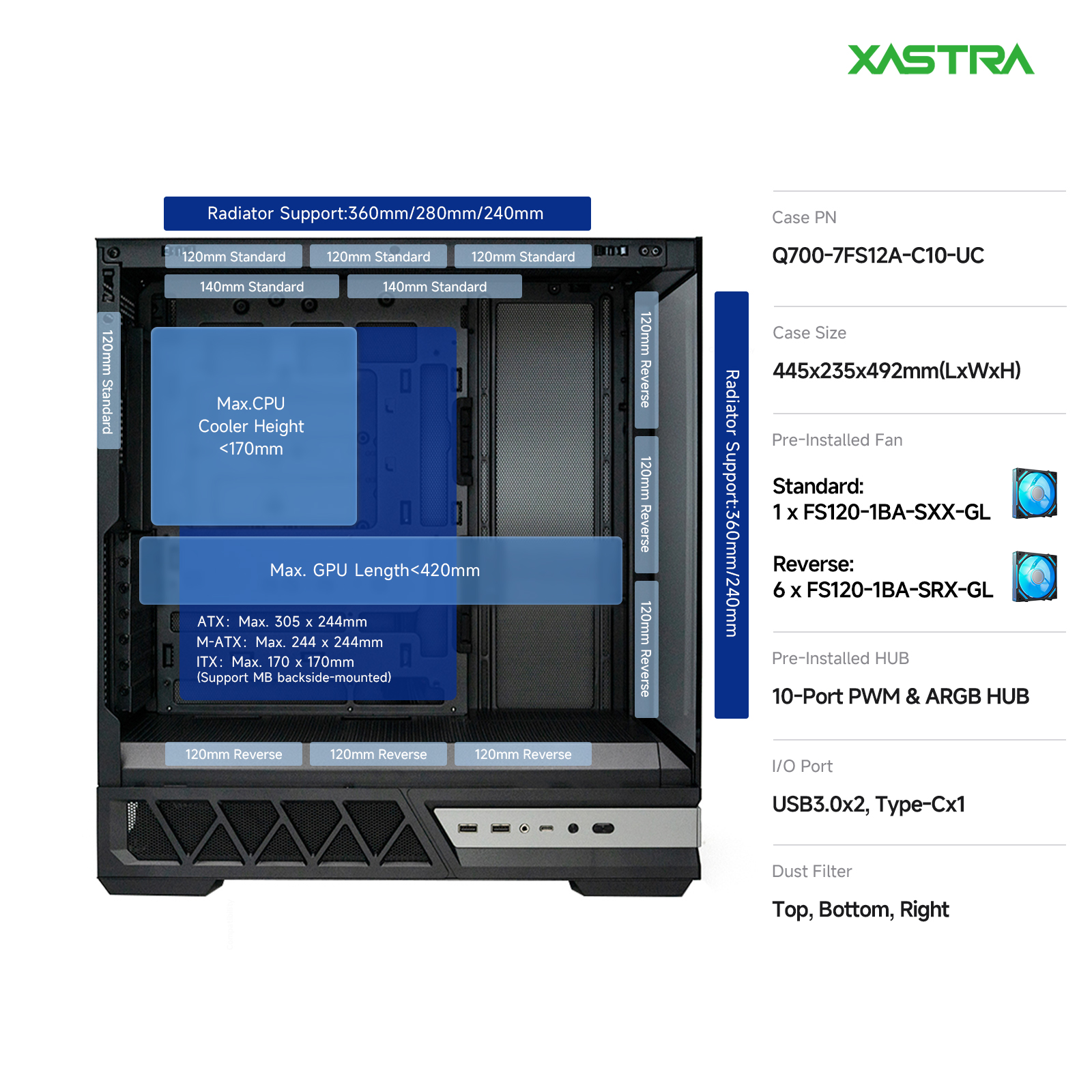 Корпус XASTRA Q700 7ARGB-FS-C10-UC Black (Q700-7FS12A-C10-UC), без БП, ATX