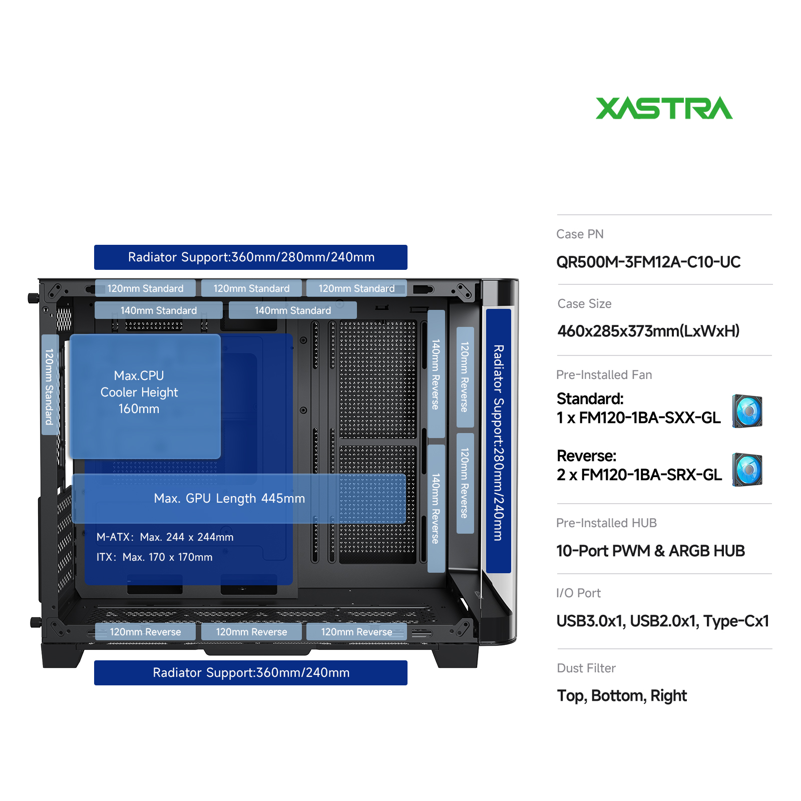 Корпус XASTRA QR500M 3ARGB C10-UC Black (QR500M-3FM12A-C10-UC), без БП, mATX