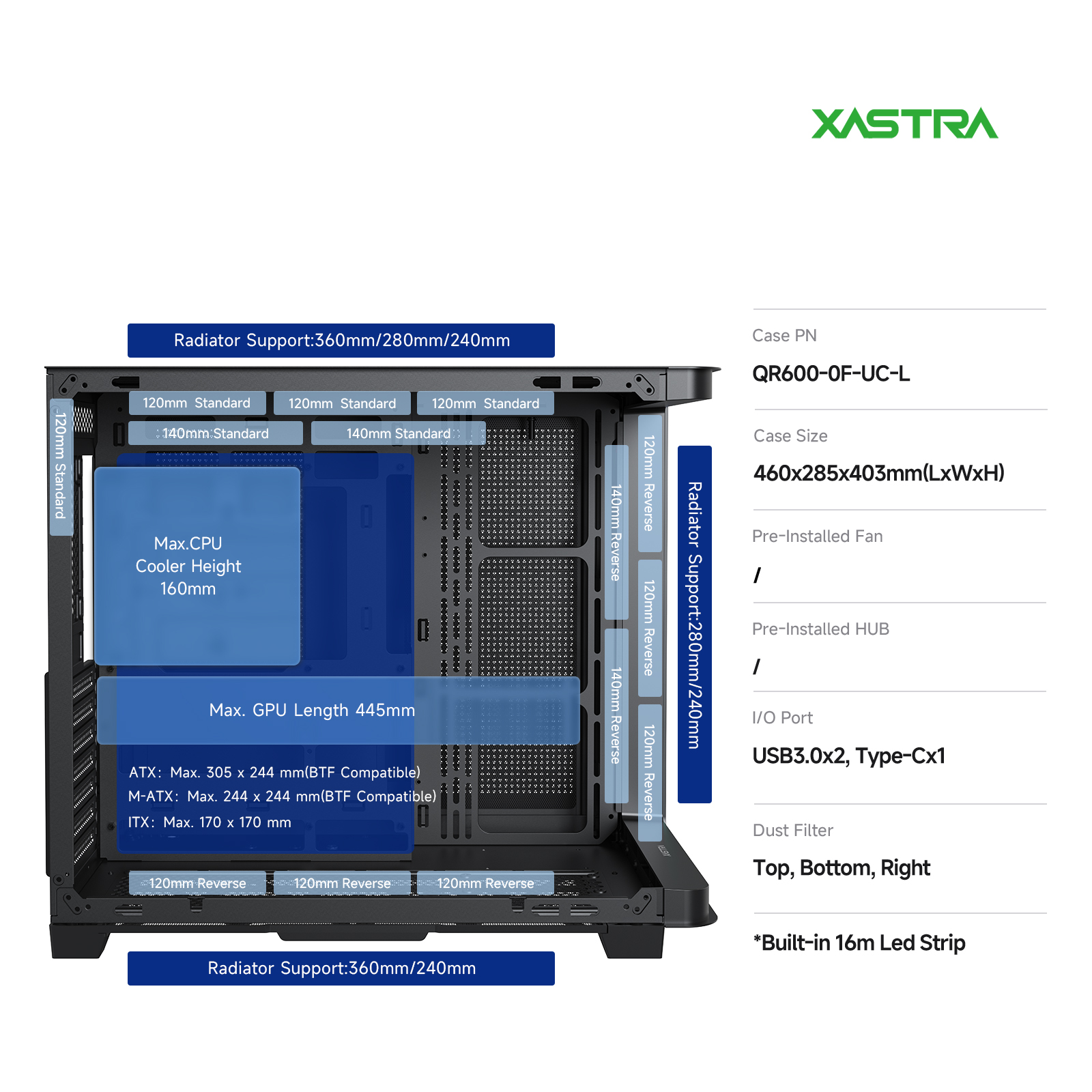 Корпус XASTRA QR600 0F-UC Black (QR600-0F-UC-L), без БП, ATX