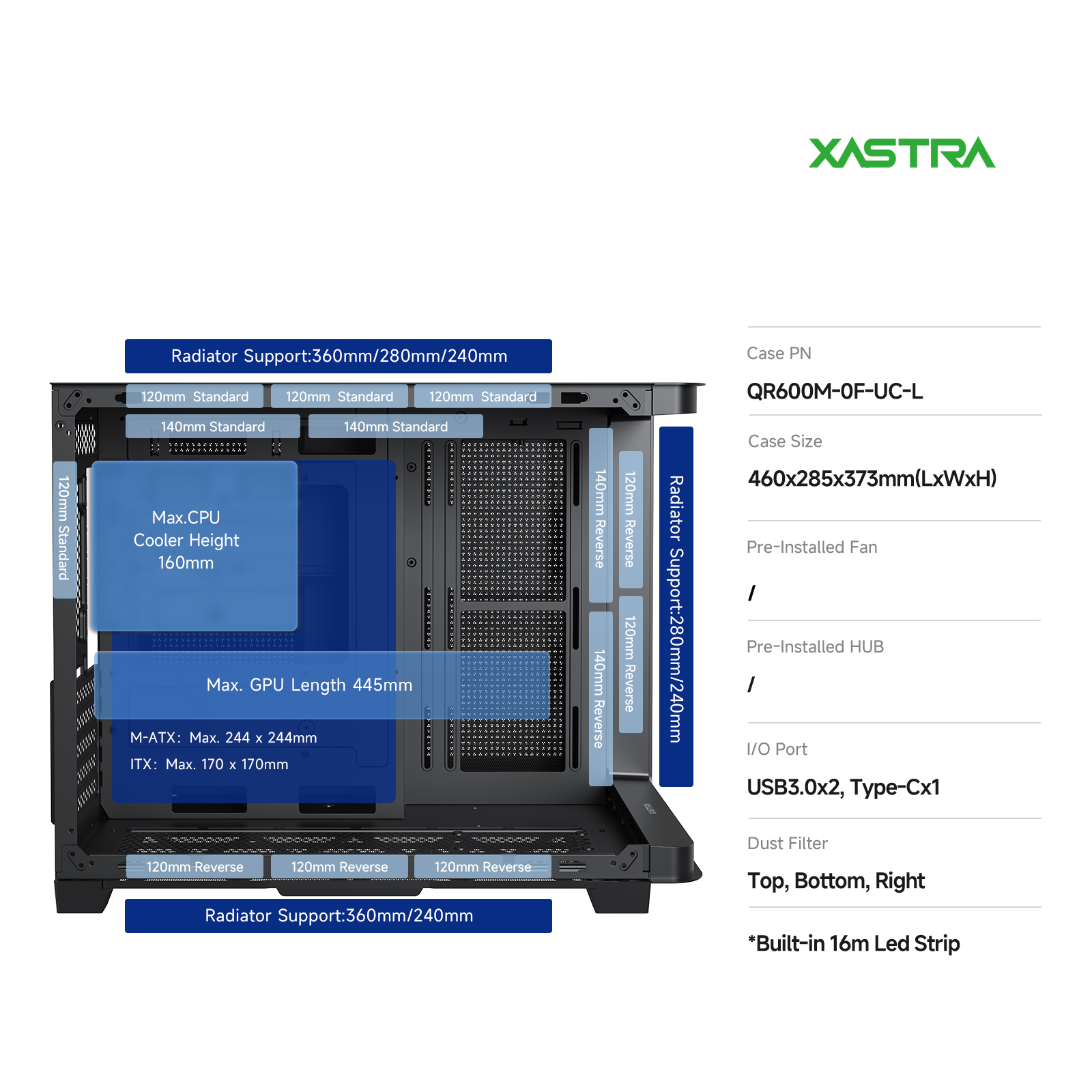 Корпус XASTRA QR600M 0F-UC Black (QR600M-0F-UC-L), без БП, mATX
