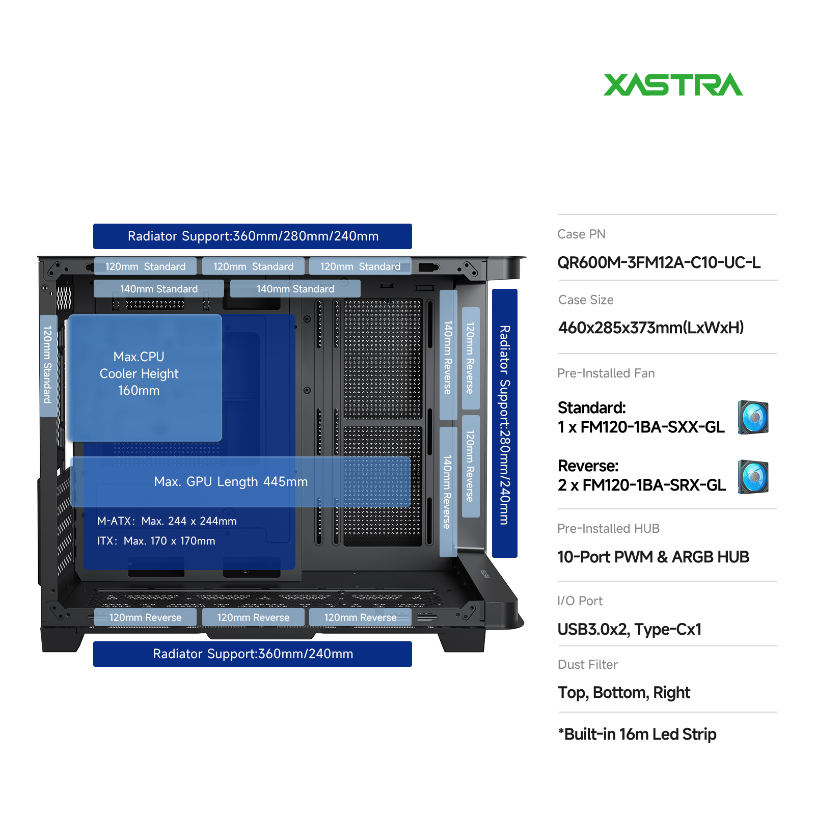 Корпус XASTRA QR600M 3ARGB C10-UC Black (QR600M-3FM12A-C10-UC-L), без БП, mATX