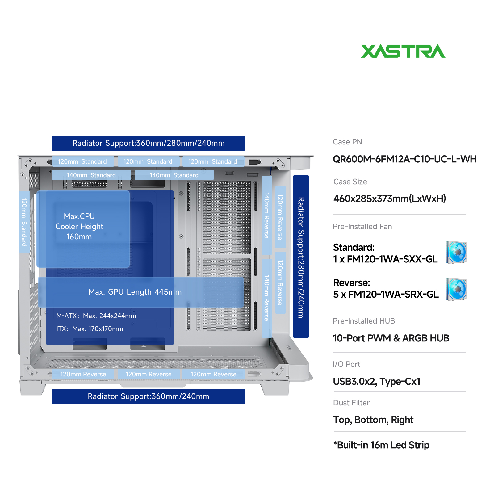 Корпус XASTRA QR600M 6ARGB C10-UC White (QR600M-6FM12A-C10-UC-L-WH), без БП, mATX
