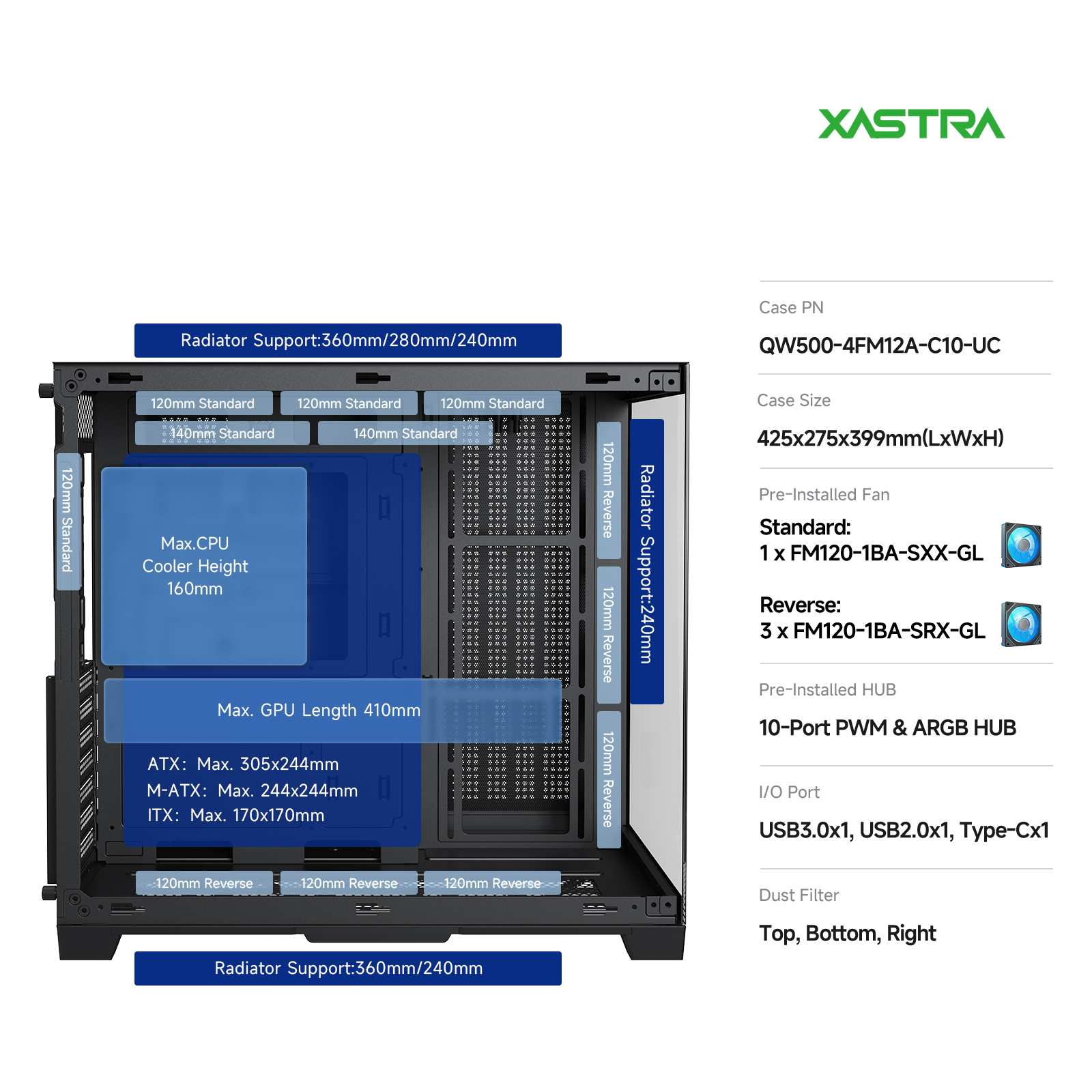 Корпус XASTRA QW500 4ARGB-C10-UC Black (QW500-4FM12A-C10-UC), без БП, ATX