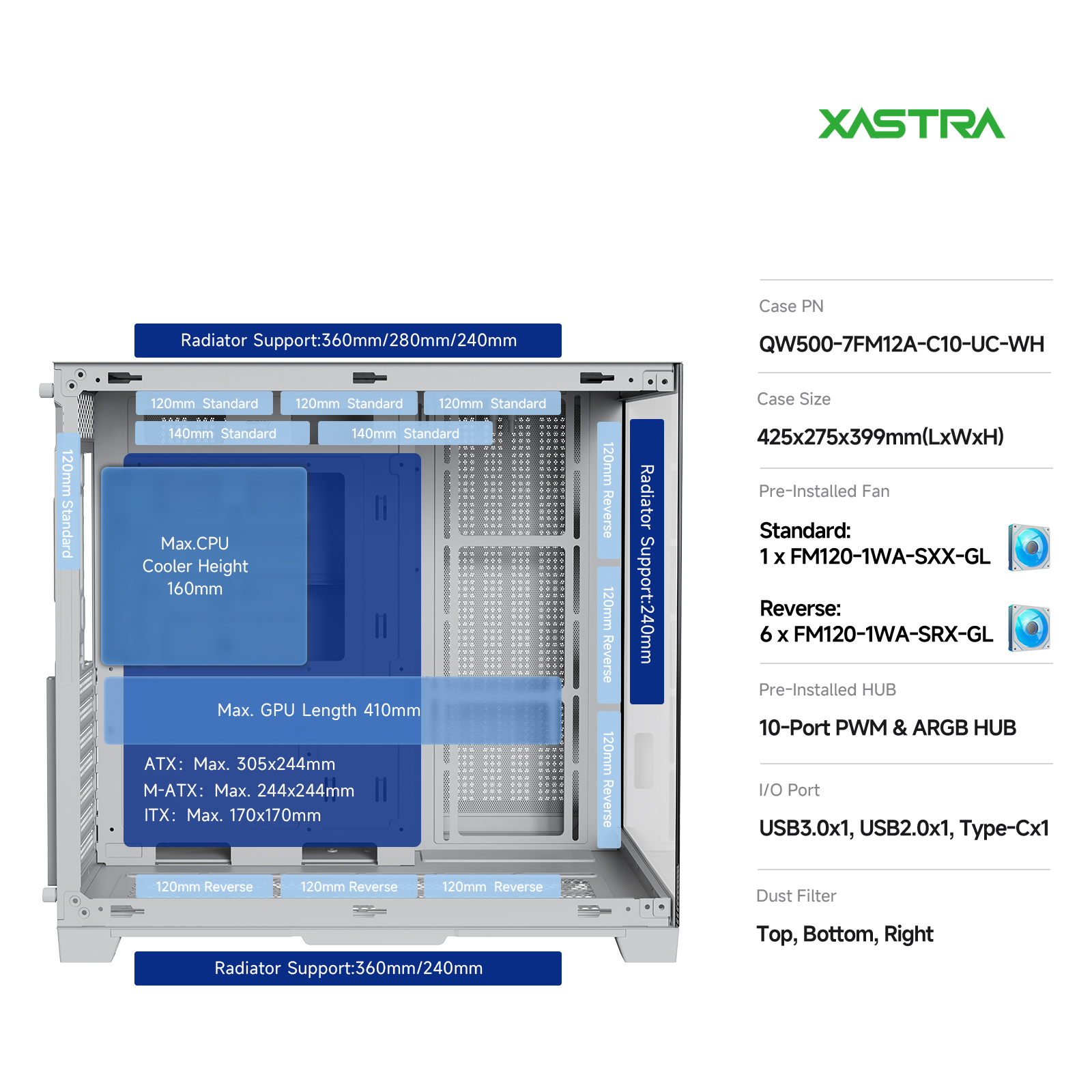 Корпус XASTRA QW500 7ARGB-C10-UC White (QW500-7FM12A-C10-UC-WH), без БП, ATX