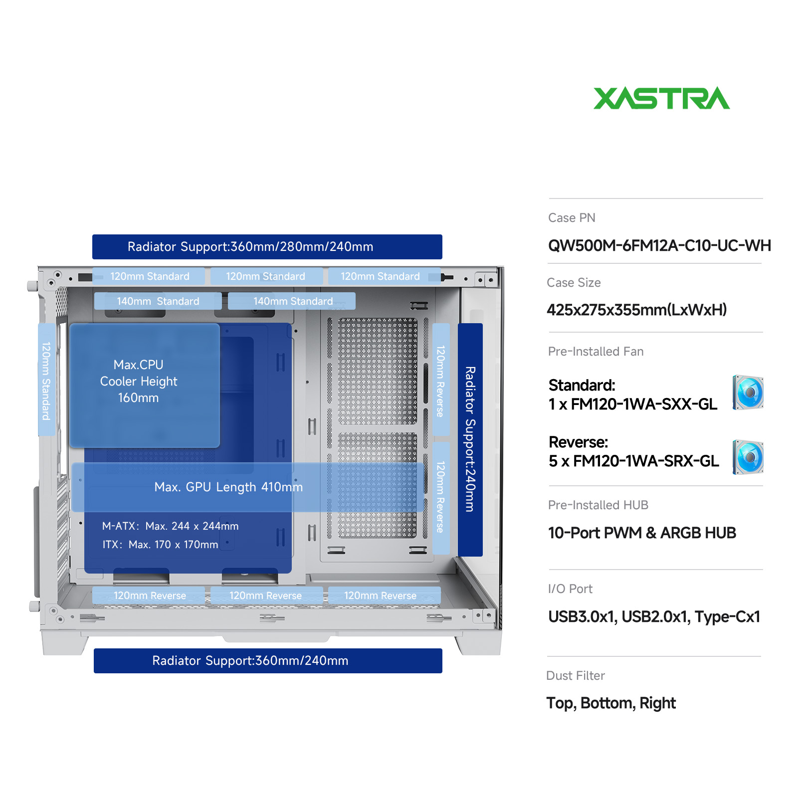 Корпус XASTRA QW500M 6ARGB-C10-UC White (QW500M-6FM12A-C10-UC-WH), без БП, mATX