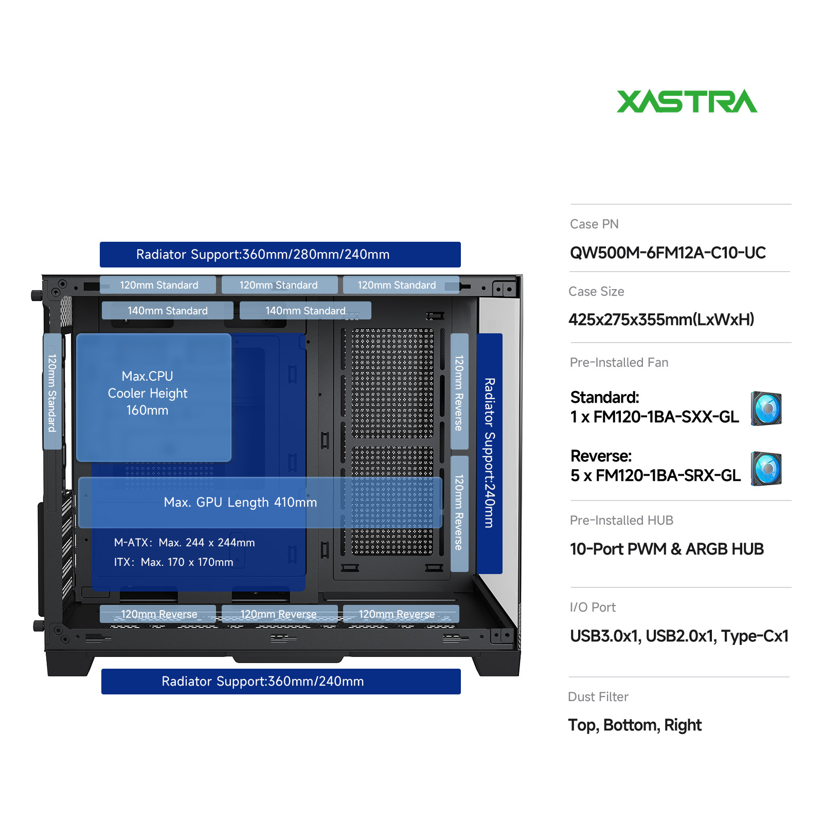 Корпус XASTRA QW500M 6ARGB-C10-UC Black (QW500M-6FM12A-C10-UC), без БП, mATX