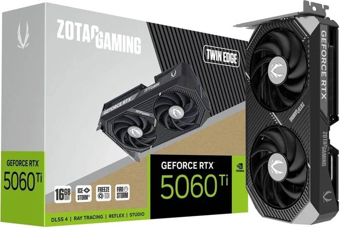 Видеокарта GeForce RTX 5060 Ti, 16Gb GDDR7 128bit, Zotac RTX 5060 Ti TWIN EDGE 16GB ZT-B50620E-10M, RTL