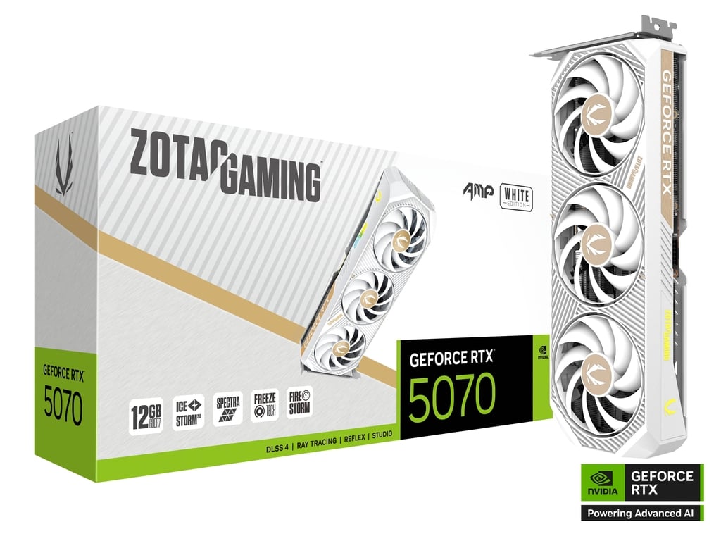 Видеокарта GeForce RTX 5070, 12Gb GDDR7 192bit, Zotac RTX 5070 AMP WHITE ED ZT-B50700FQ-10P, RTL