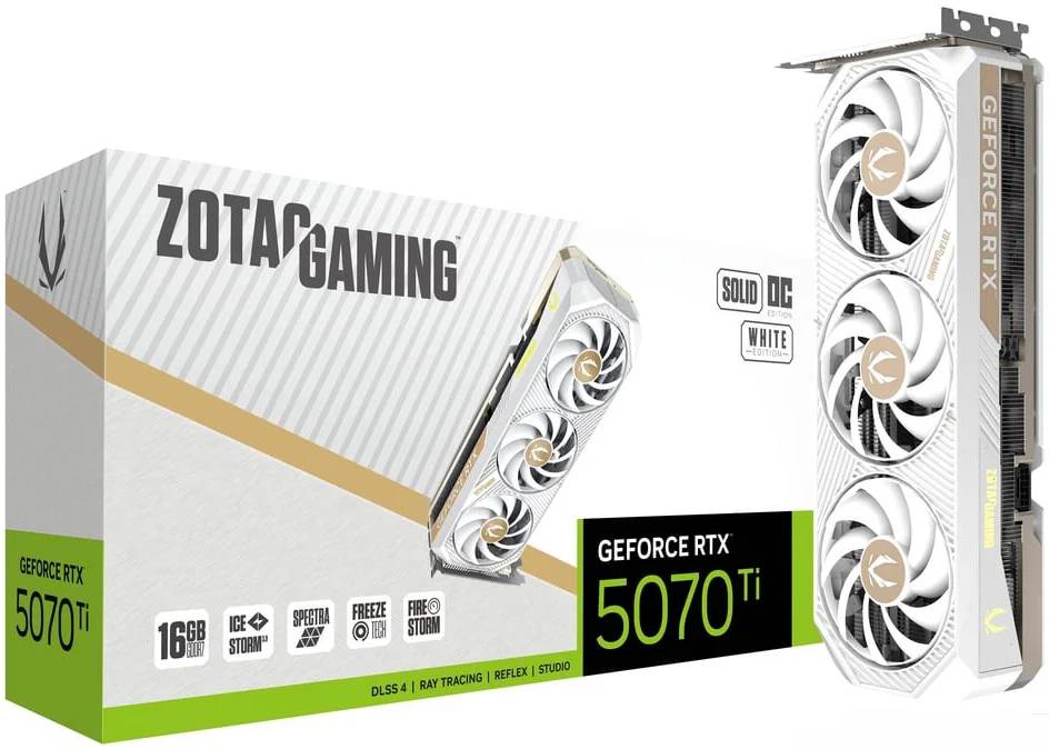 Видеокарта GeForce RTX 5070 TI, 16Gb GDDR7 256bit, Zotac RTX 5070 TI Solid Core White OC ZT-B50710Q2-10P, RTL