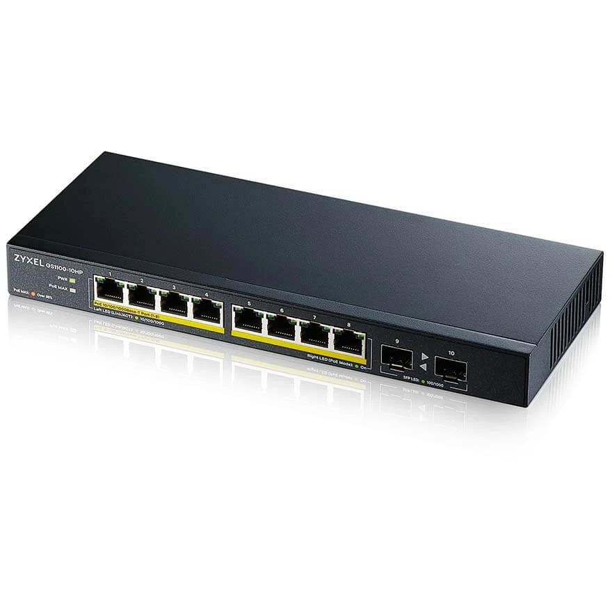 Коммутатор ZyXEL GS1100-10HP (GS1100-10HP-EU0102F), 8xLAN 1Gbps, 2xSFP, PoE