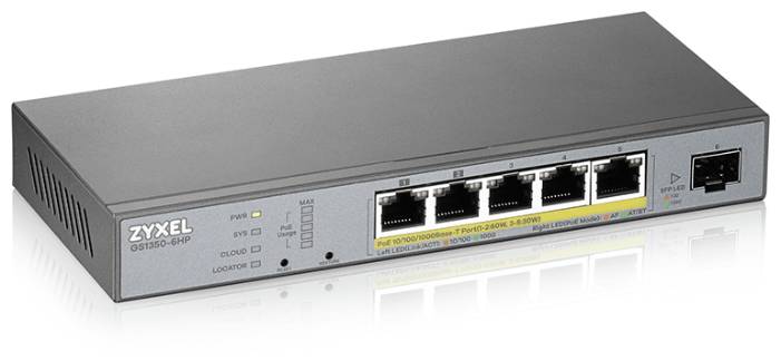 Коммутатор ZyXEL GS1350-6HP-EU0101F, 5xLAN 1GBbps, 1xSFP, PoE+